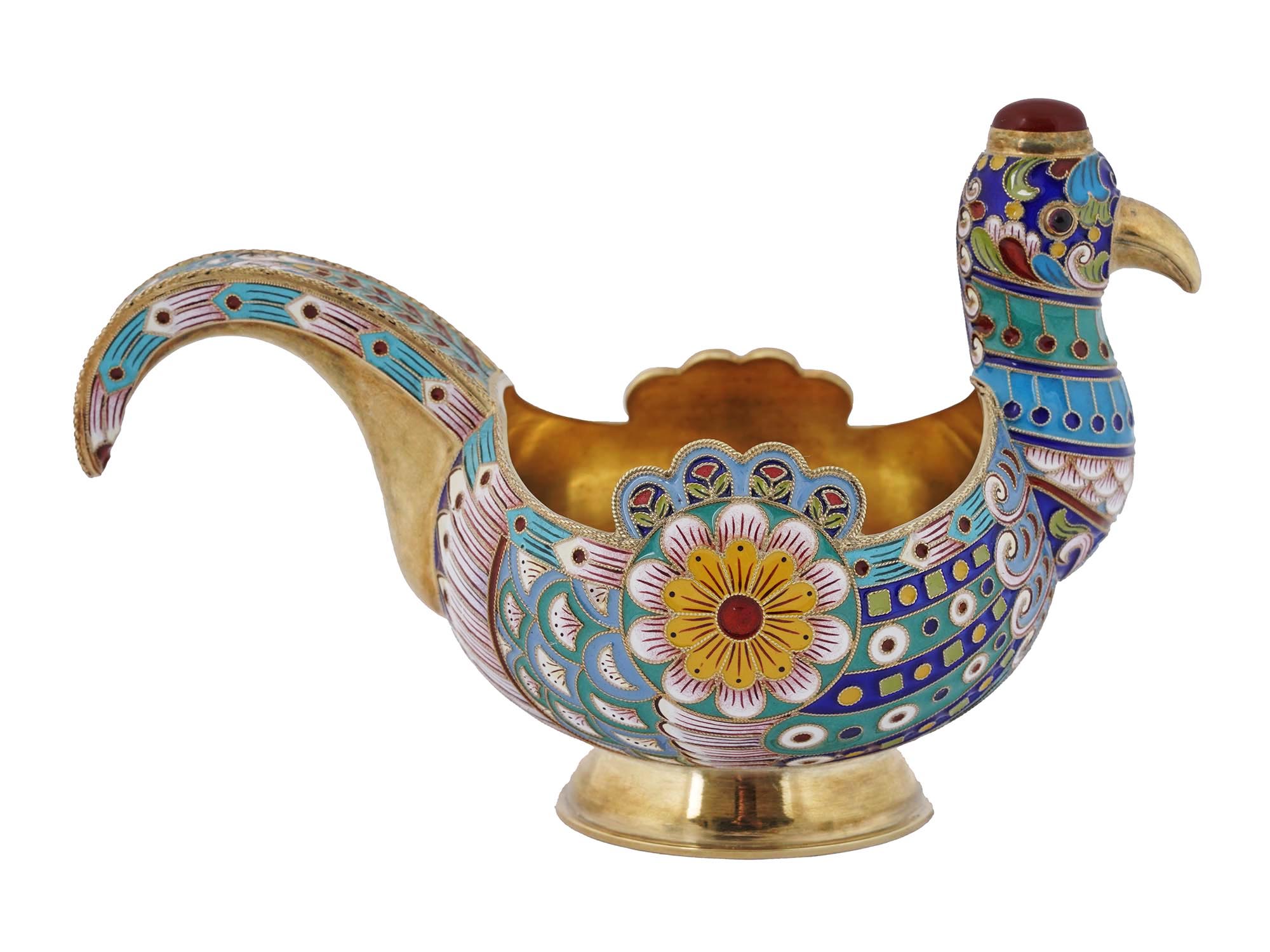 RUSSIAN GILT SILVER CLOISONNE ENAMEL BIRD KOVSH PIC-5